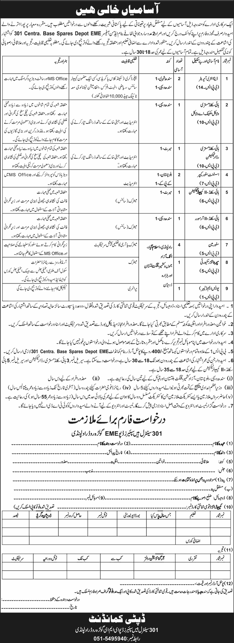 301 Central Base Spares Depot EME Rawalpindi Jobs 2026 
