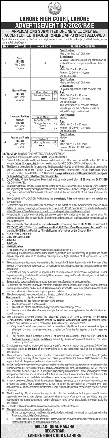 Lahore High Court Jobs 2026 