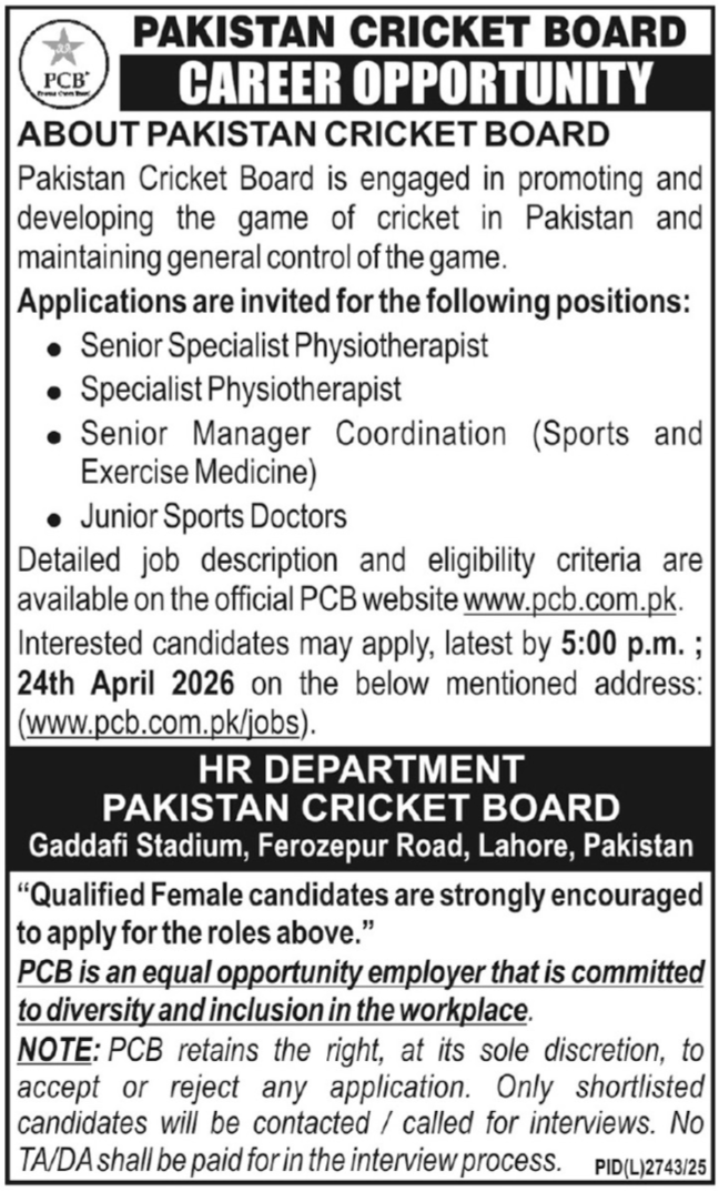 Pakistan Cricket Board PCB Jobs 2026 