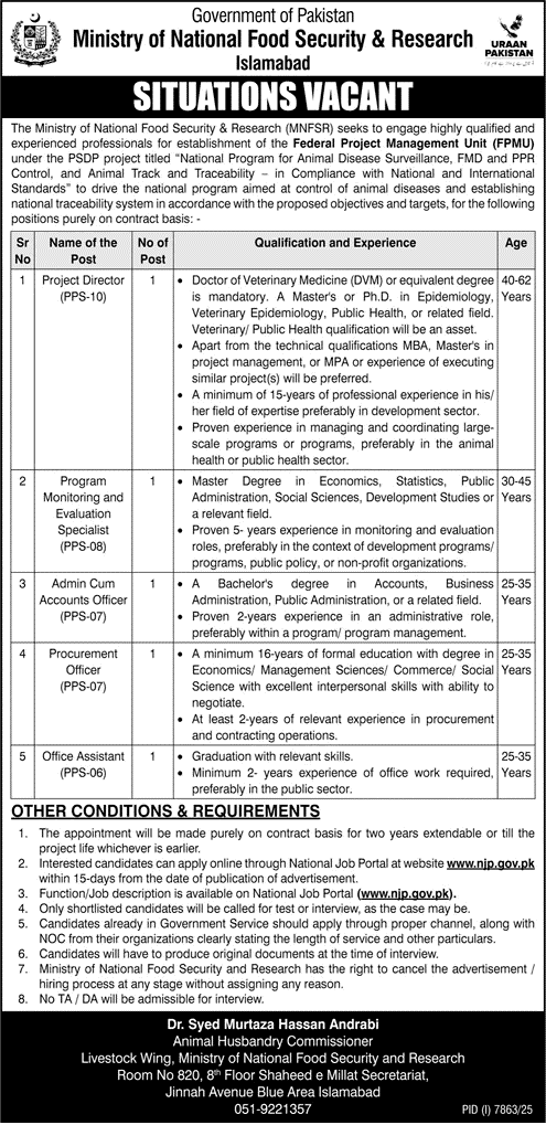 Ministry of National Food Security and Research Jobs 2026 