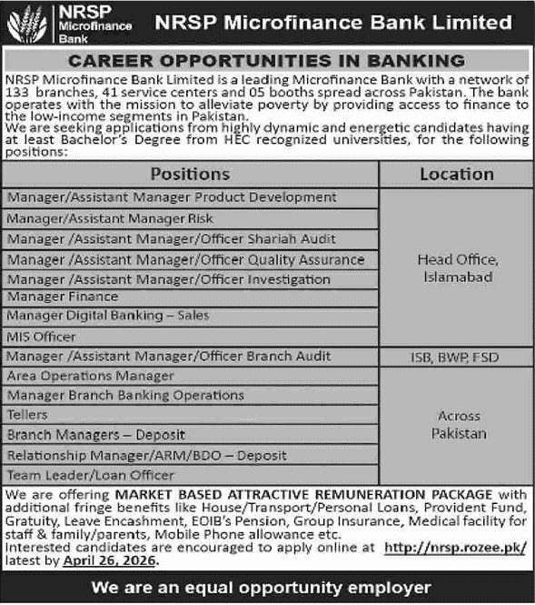 NRSP Microfinance Bank Jobs 2026 