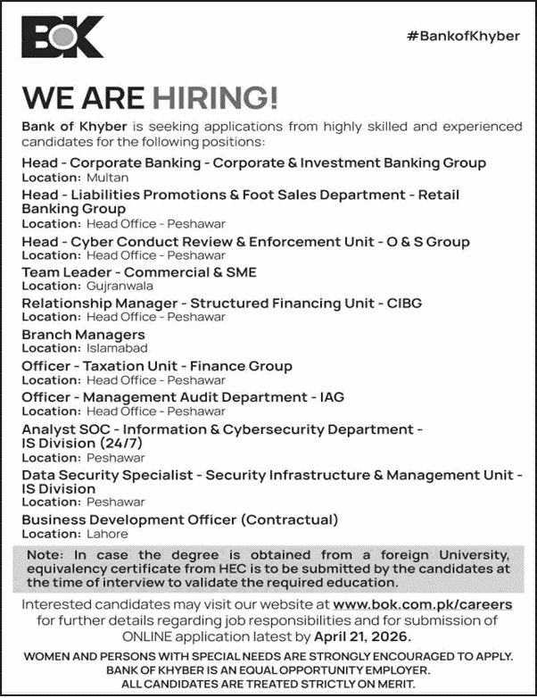 Bank of Khyber BOK Jobs 2026 
