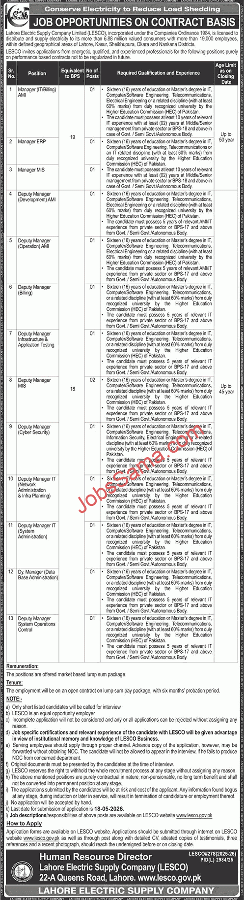 Lahore Electric Supply Company LESCO Jobs 2026